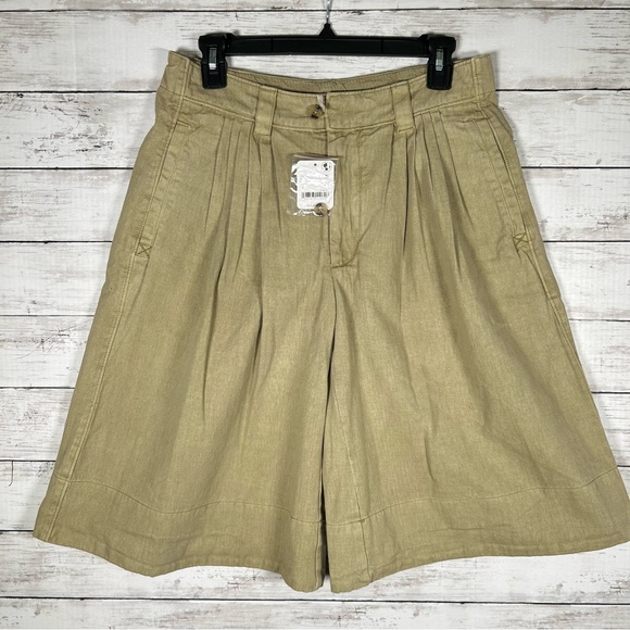 Free People High Waisted Wide Leg Culotte Pleated Cotton Olive Shorts 6 NWT $98 - Picture 2 of 6